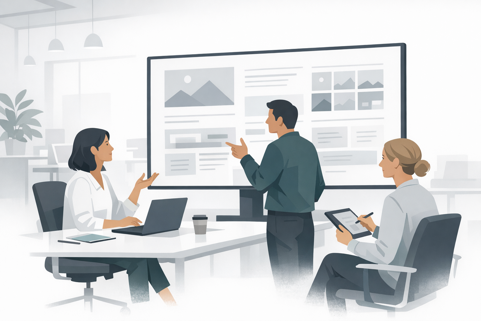 Kreativteam diskutiert verschiedene Layout-Entwuerfe an einem grossen Bildschirm im offenen Buero