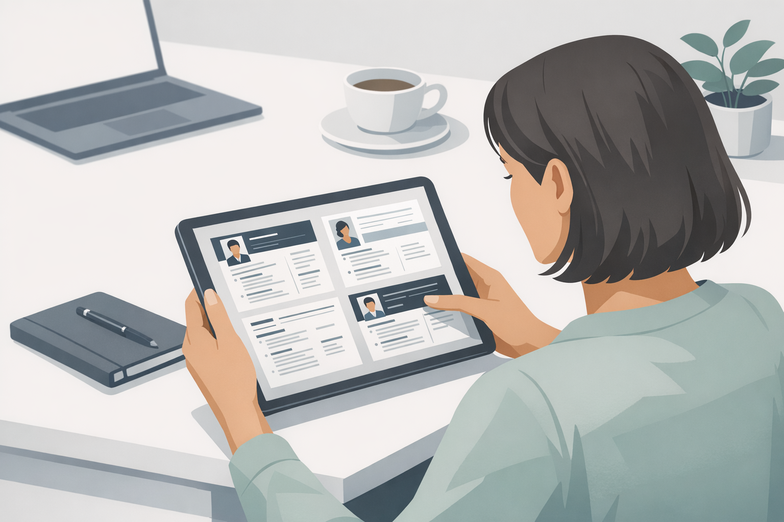 Bewerberin waehlt am Tablet zwischen verschiedenen modernen Lebenslauf-Designs