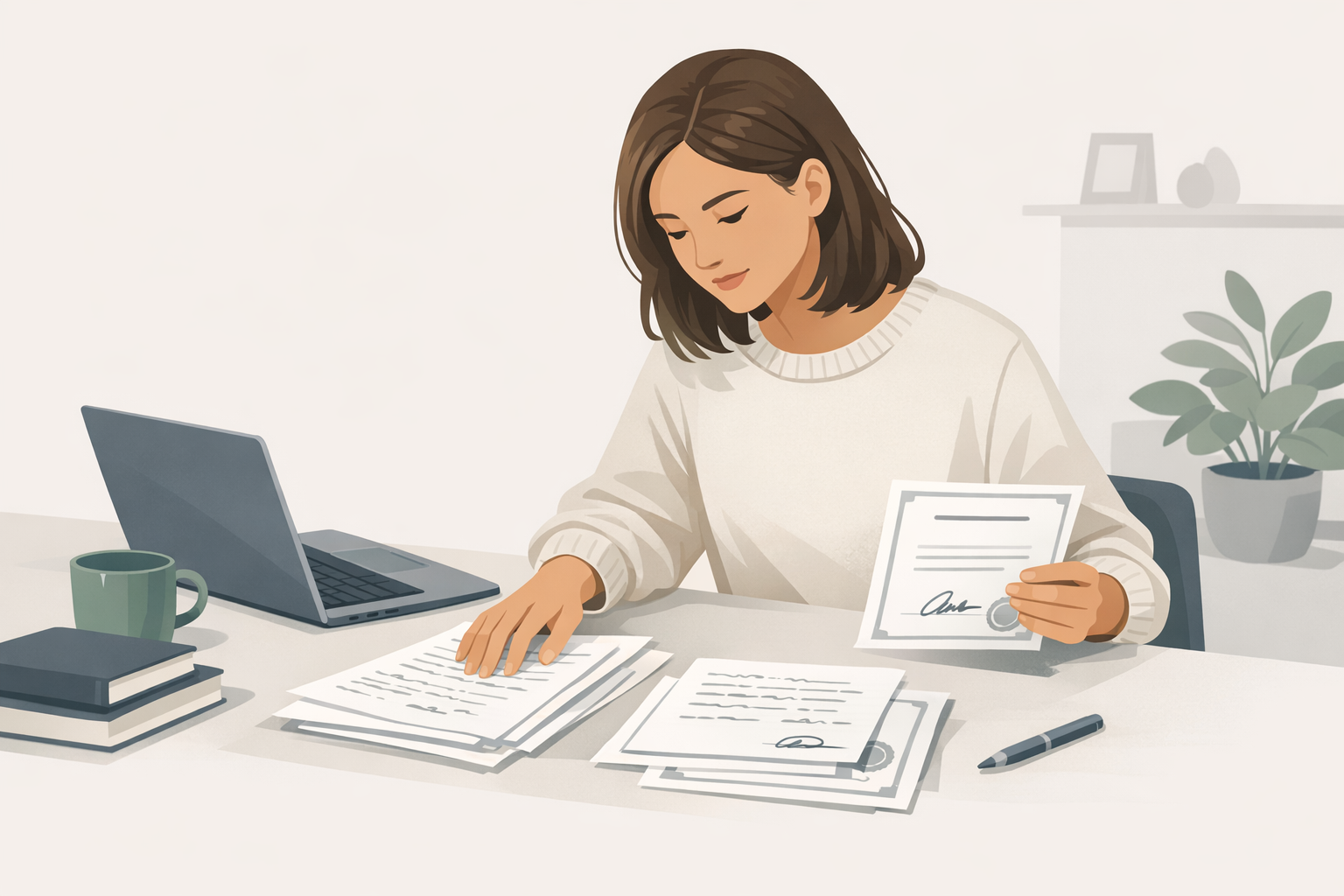 Studentin sortiert handschriftliche Notizen und Zertifikate auf einem Tisch neben ihrem Laptop