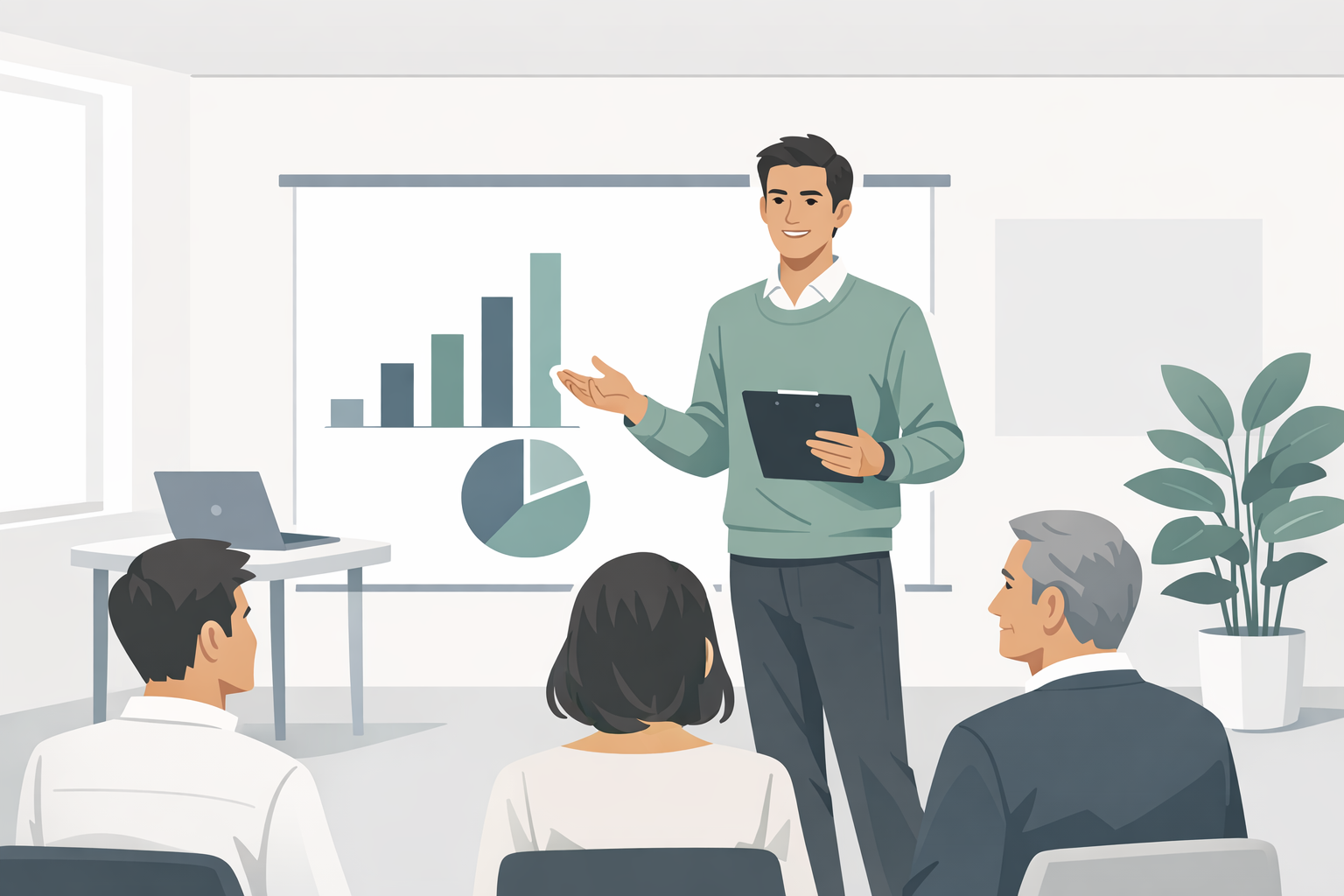 Junger Mann praesentiert selbstbewusst ein Projekt vor einer kleinen Gruppe in einem hellen Seminarraum