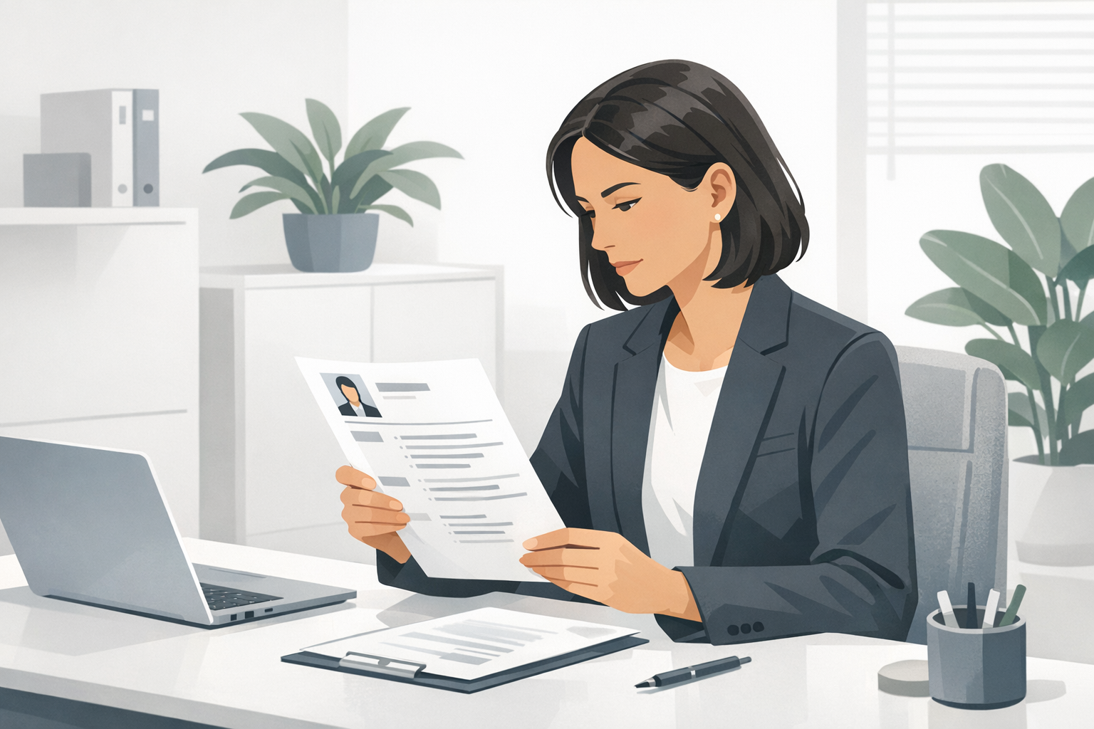 Personaler betrachtet konzentriert einen Lebenslauf an ihrem Schreibtisch in einem ruhigen hellen Buero mit Pflanzen