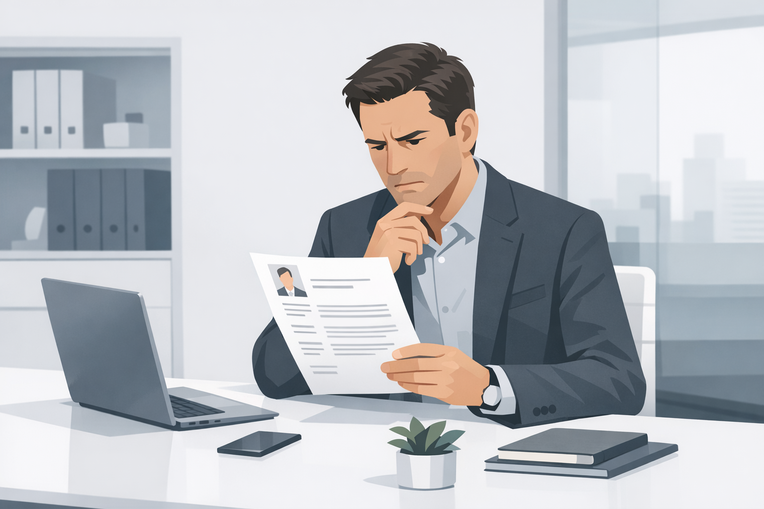 Personaler runzelt die Stirn beim Lesen eines Lebenslaufs an einem modernen Arbeitsplatz