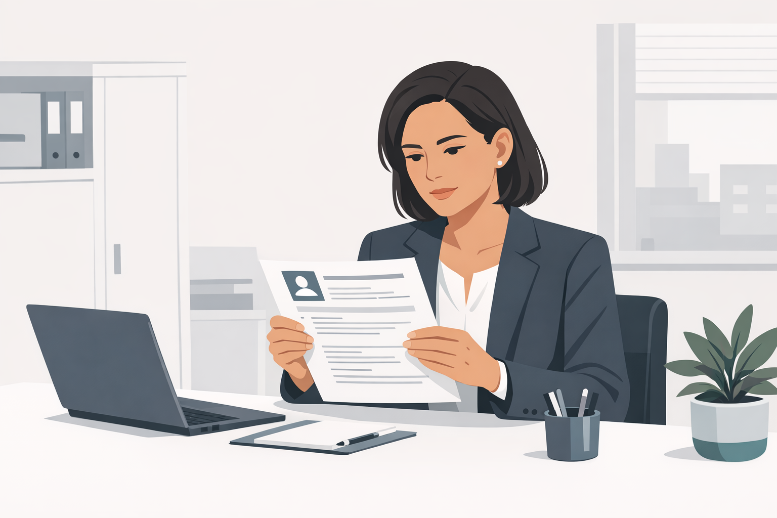 Personaler liest konzentriert den oberen Bereich eines Lebenslaufs an ihrem Schreibtisch