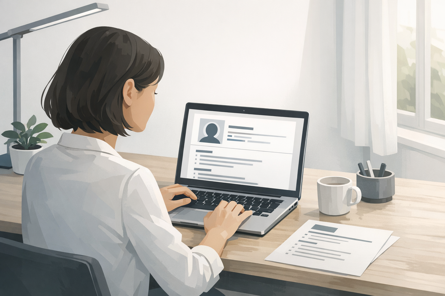 Bewerberin ueberarbeitet am Laptop den Kopfbereich ihres Lebenslaufs, Schreibtisch mit weichem Tageslicht von der Seite