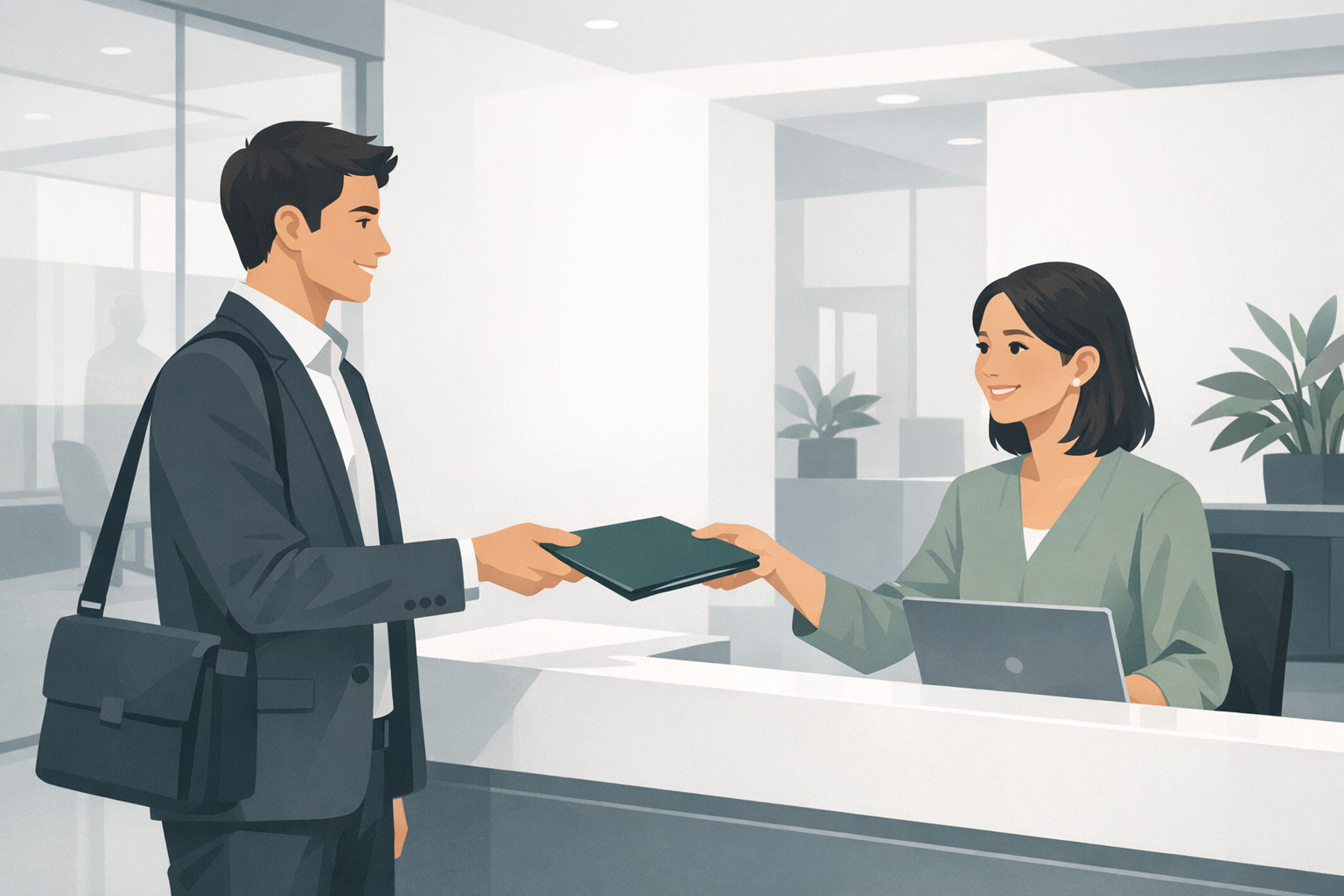 Junger Berufseinsteiger ueberreicht seine Bewerbungsmappe in einem Buerogebaeude an eine Empfangsmitarbeiterin