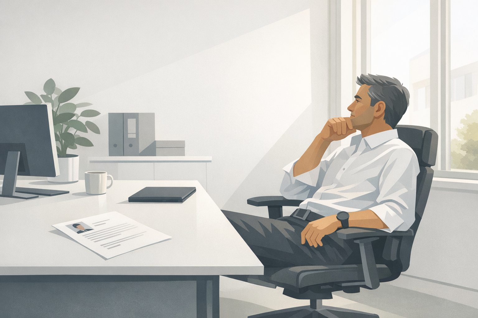 Personaler lehnt sich nachdenklich in seinem Buerosessel zurueck nachdem er eine Bewerbung fertig gelesen hat, weiches Tageslicht faellt durch das Fenster