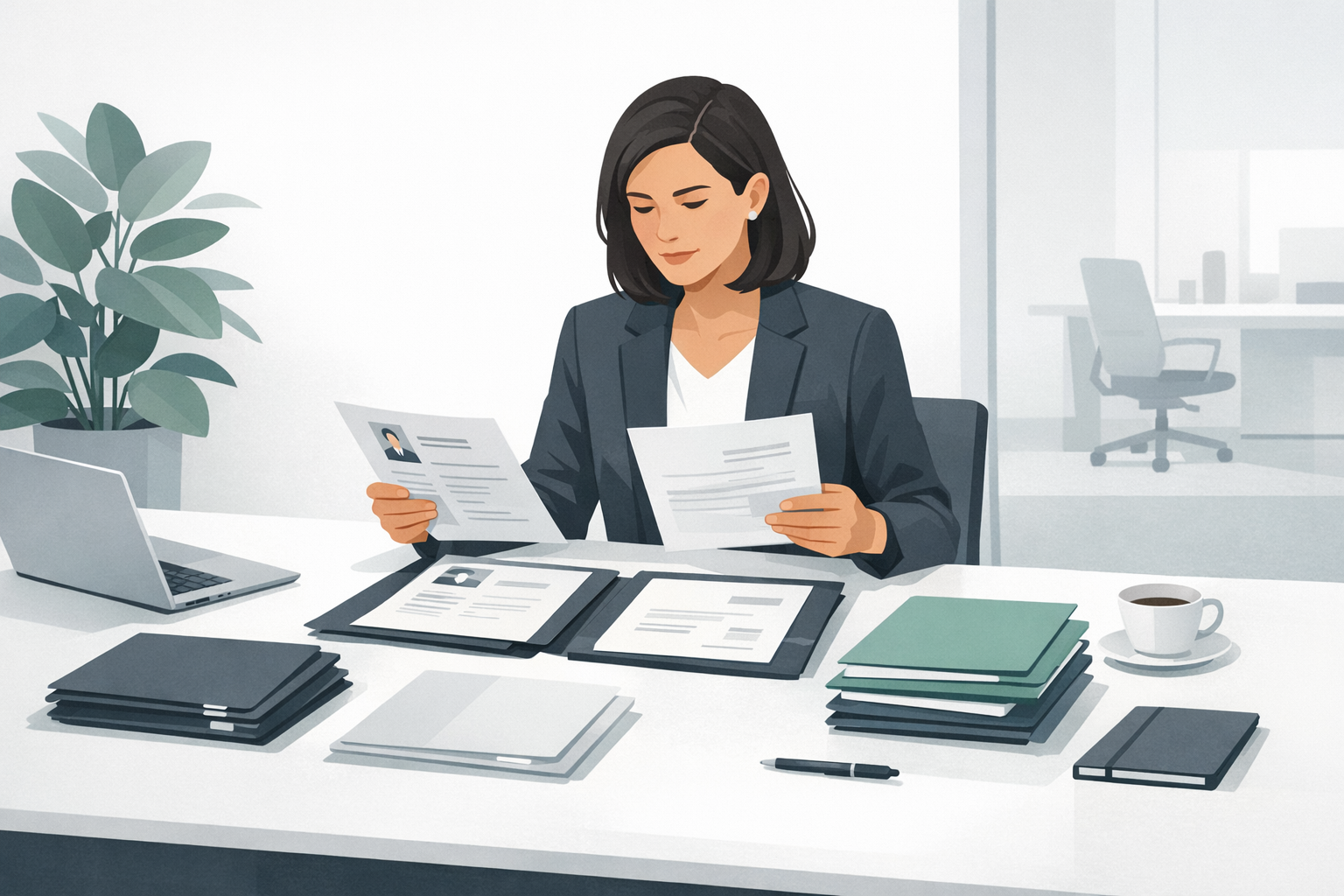 Recruiter sortiert Bewerbungsmappen auf einem Konferenztisch und vergleicht Unterlagen