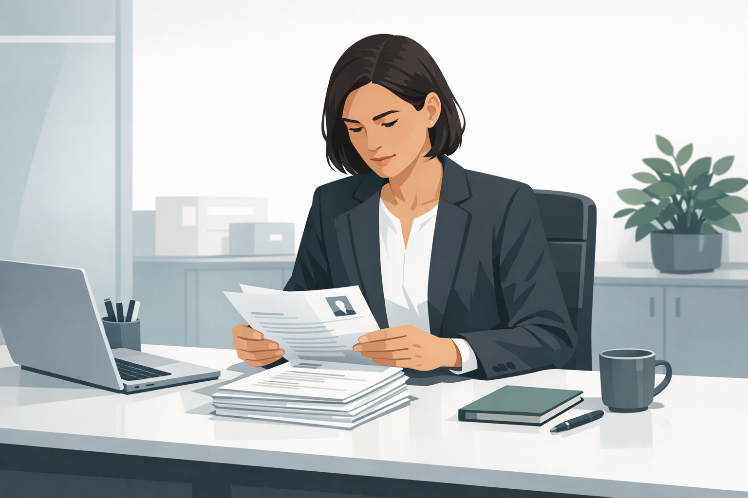 Personaler blickt konzentriert auf einen Stapel ausgedruckter Bewerbungsunterlagen auf ihrem Schreibtisch