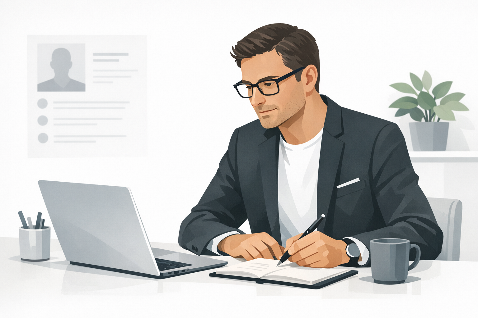 Recruiter mit Brille schaut auf einen Laptopbildschirm und macht sich dabei Notizen