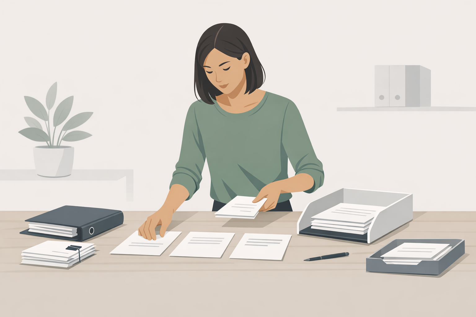 Junge Frau ordnet Unterlagen auf einem Tisch und sortiert Dokumente in eine bestimmte Reihenfolge