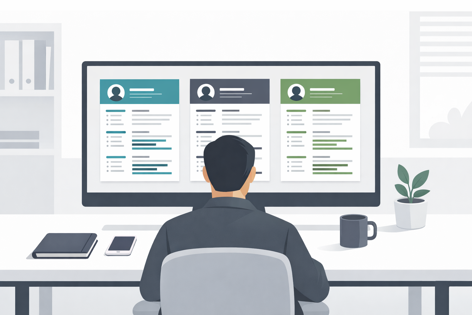Bewerber vergleicht am Bildschirm verschiedene farbige Lebenslauf-Varianten nebeneinander