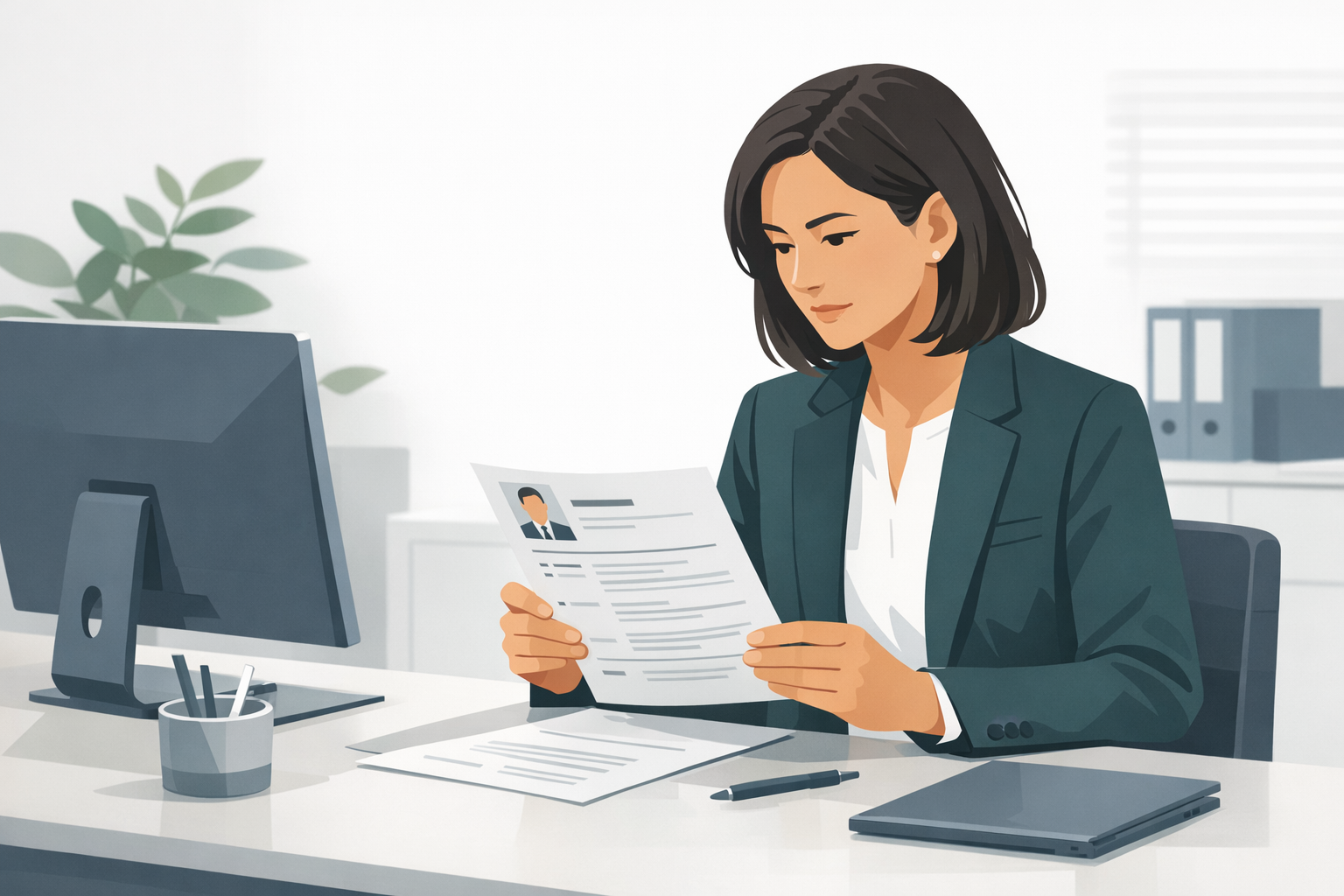 Personaler blickt konzentriert auf einen ausgedruckten Lebenslauf an ihrem Schreibtisch