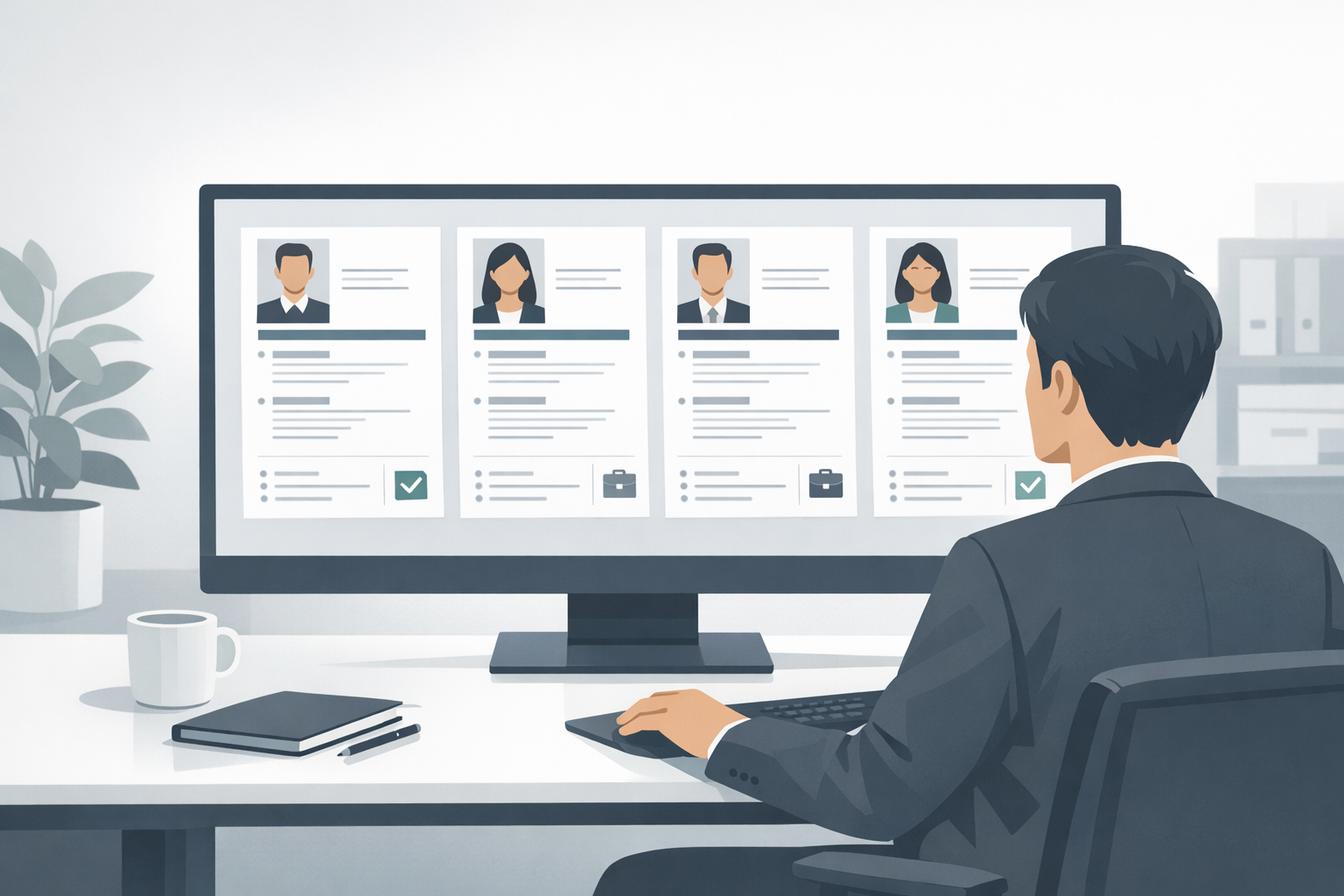 Recruiter betrachtet am Bildschirm mehrere Bewerbungsunterlagen nebeneinander