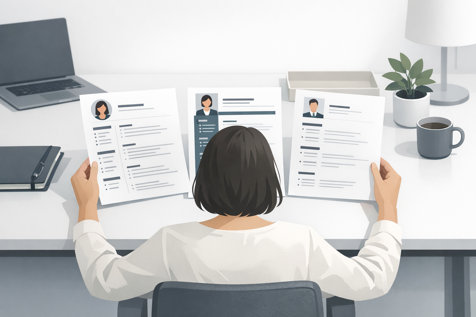 Frau vergleicht verschiedene Lebenslauf-Designs nebeneinander auf dem Schreibtisch