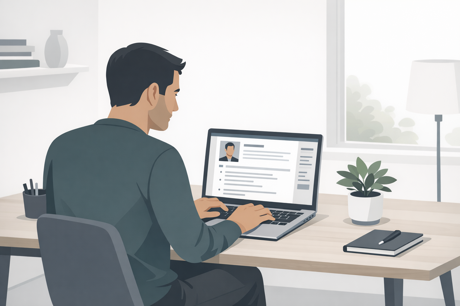 Bewerber optimiert seinen Lebenslauf am Laptop in einem modernen Home-Office