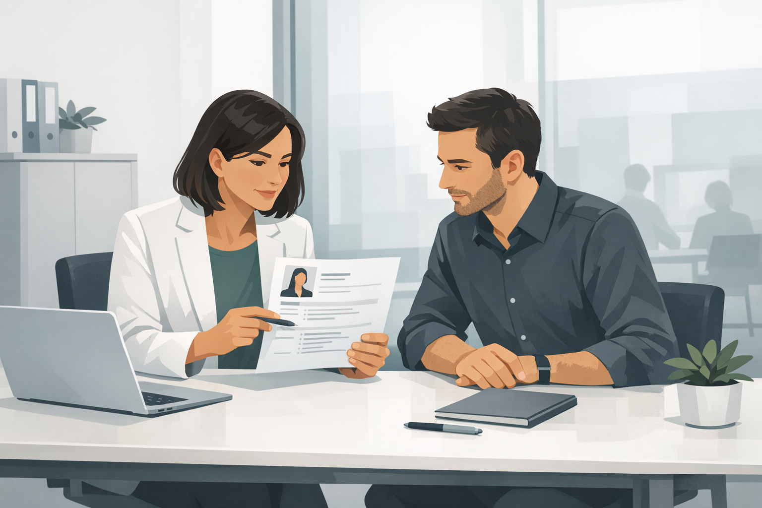 Personalverantwortliche und Kollege besprechen einen Lebenslauf in einem hellen Buero