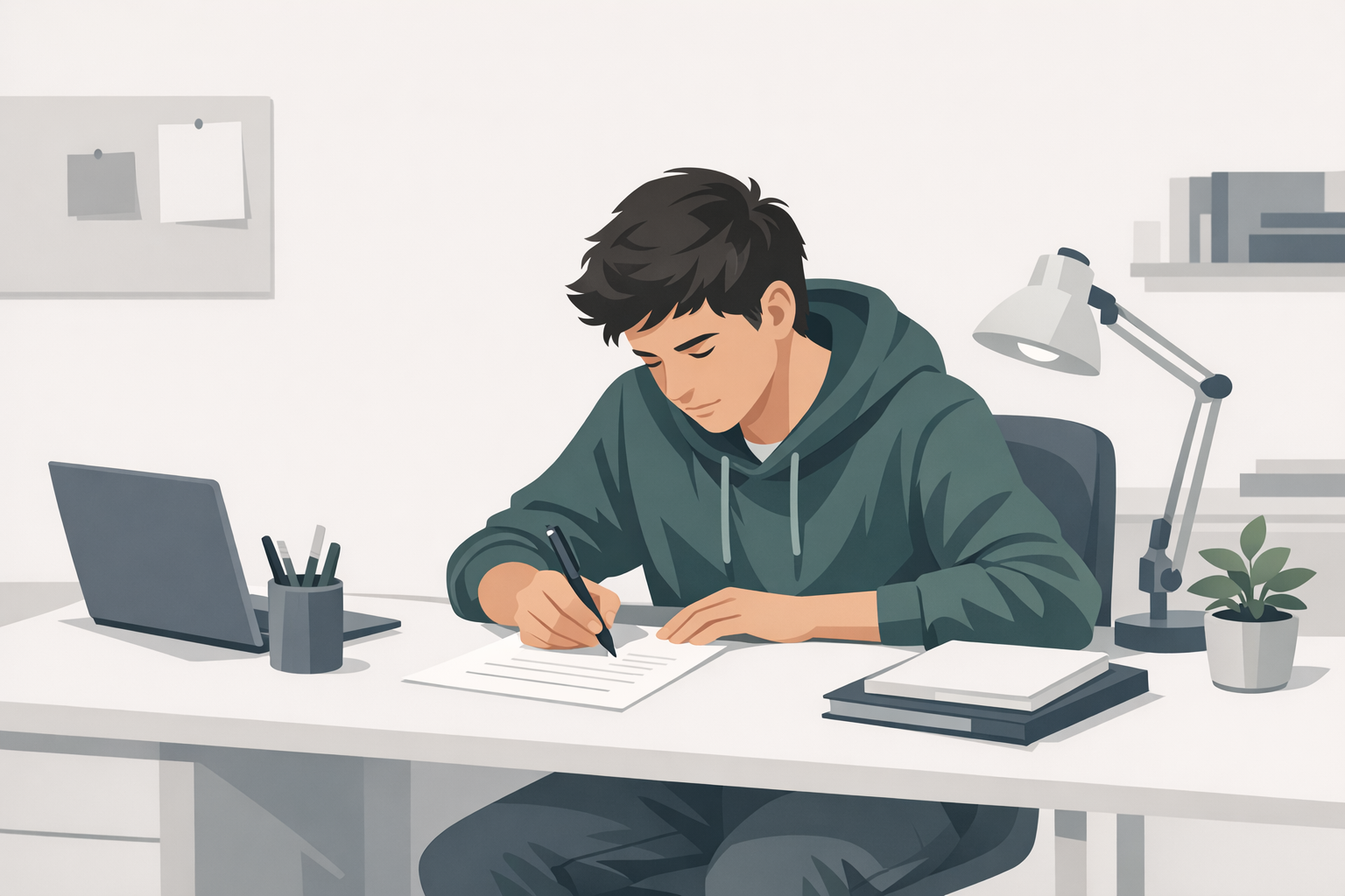 Jugendlicher sitzt konzentriert am Schreibtisch und schreibt seine erste Bewerbung auf Papier