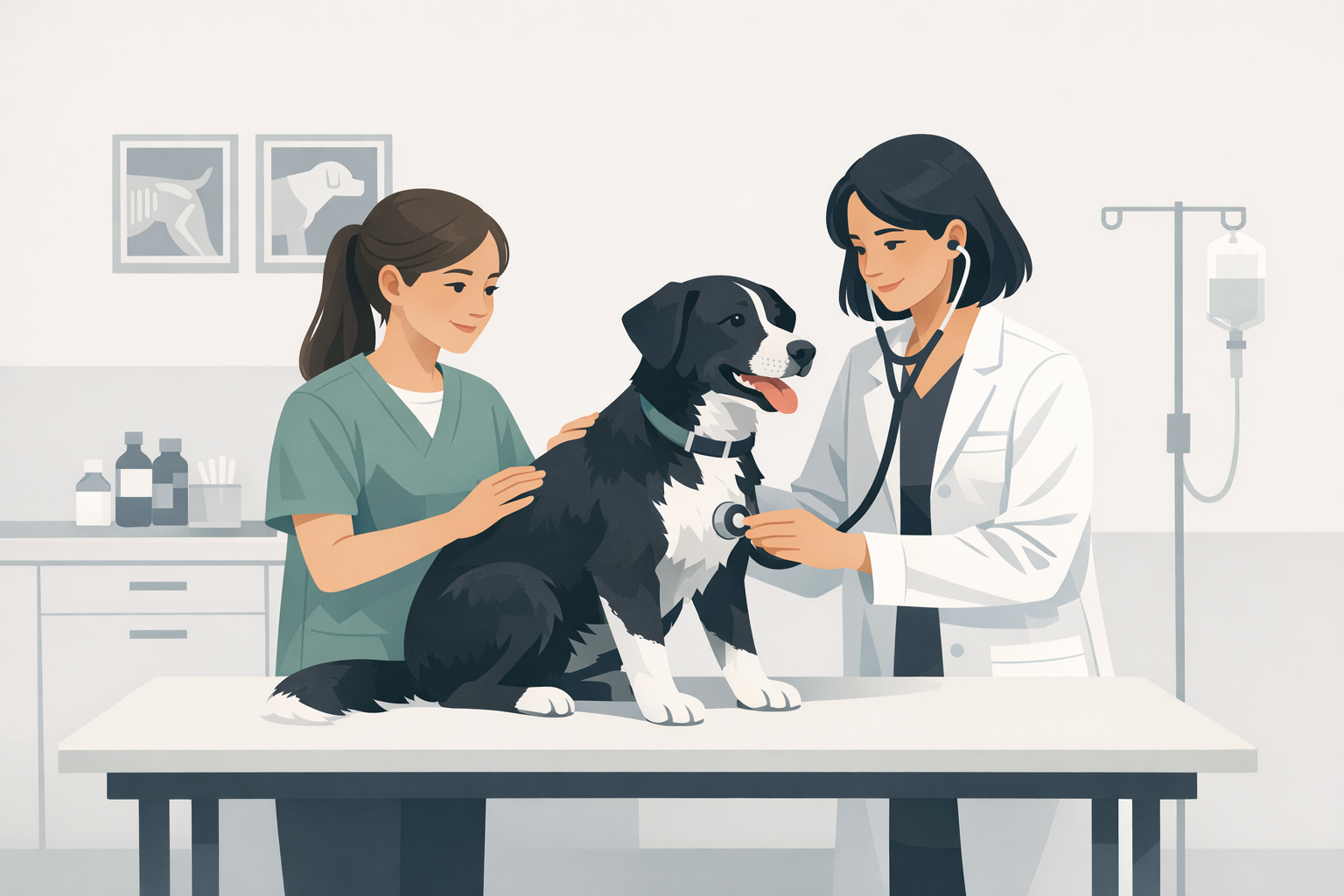 Jugendliche Praktikantin hilft in einer Tierarztpraxis bei der Untersuchung eines Hundes