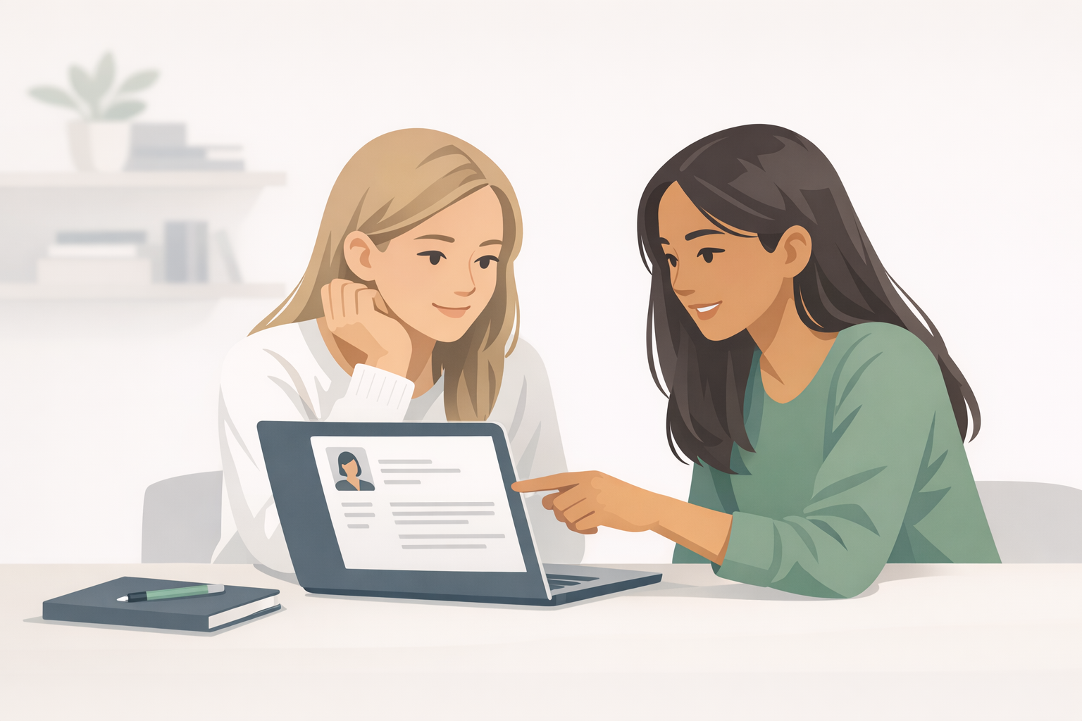 Zwei Schuelerinnen schauen gemeinsam auf einen Laptopbildschirm und besprechen eine Bewerbung