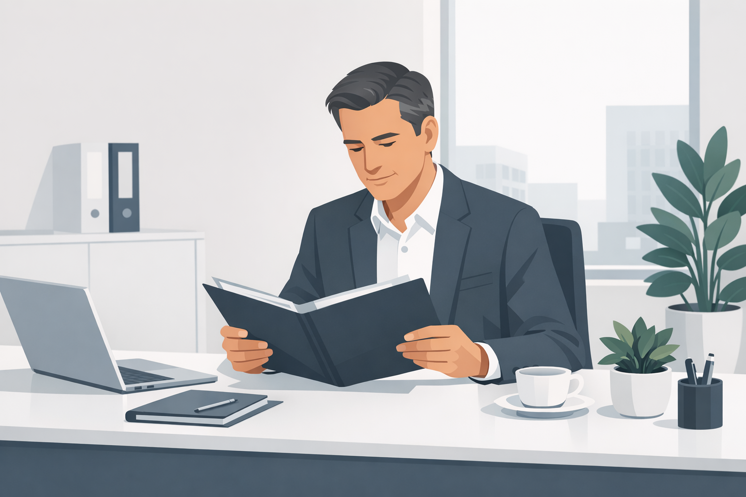 Personaler liest konzentriert eine Bewerbungsmappe an einem aufgeraeumten Schreibtisch in einem freundlichen Buero