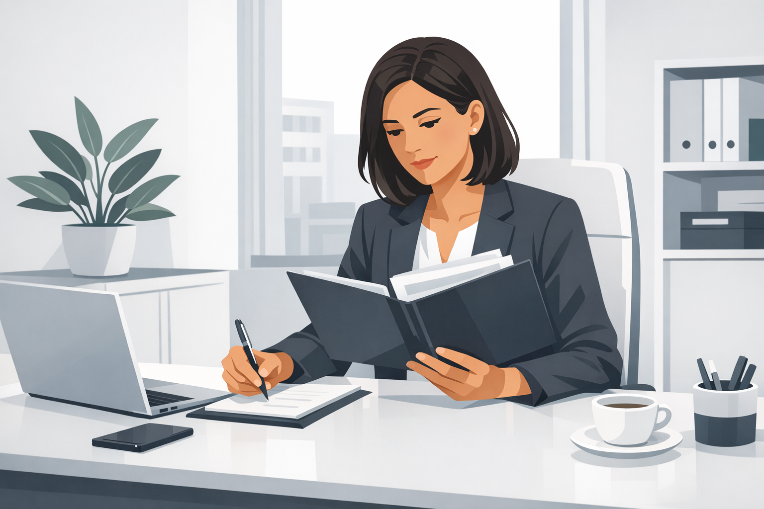 Personaler liest eine Bewerbungsmappe und macht sich Notizen an ihrem Schreibtisch