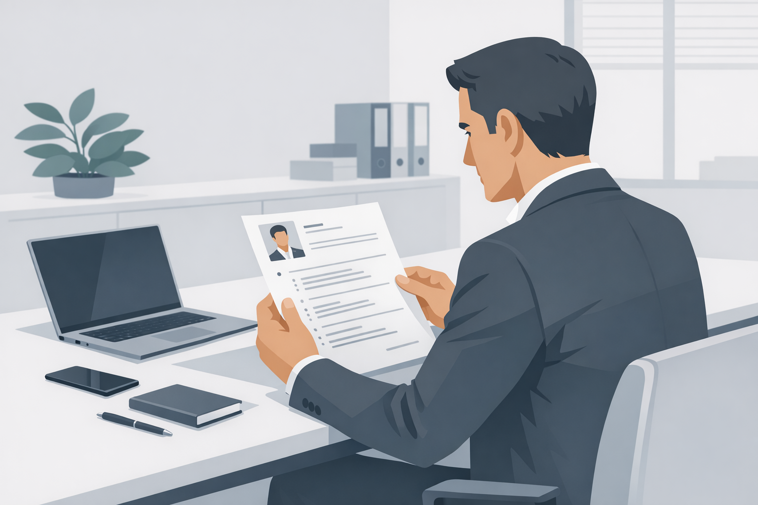 Recruiter liest aufmerksam einen Lebenslauf an einem aufgeraeumten Schreibtisch im Buero