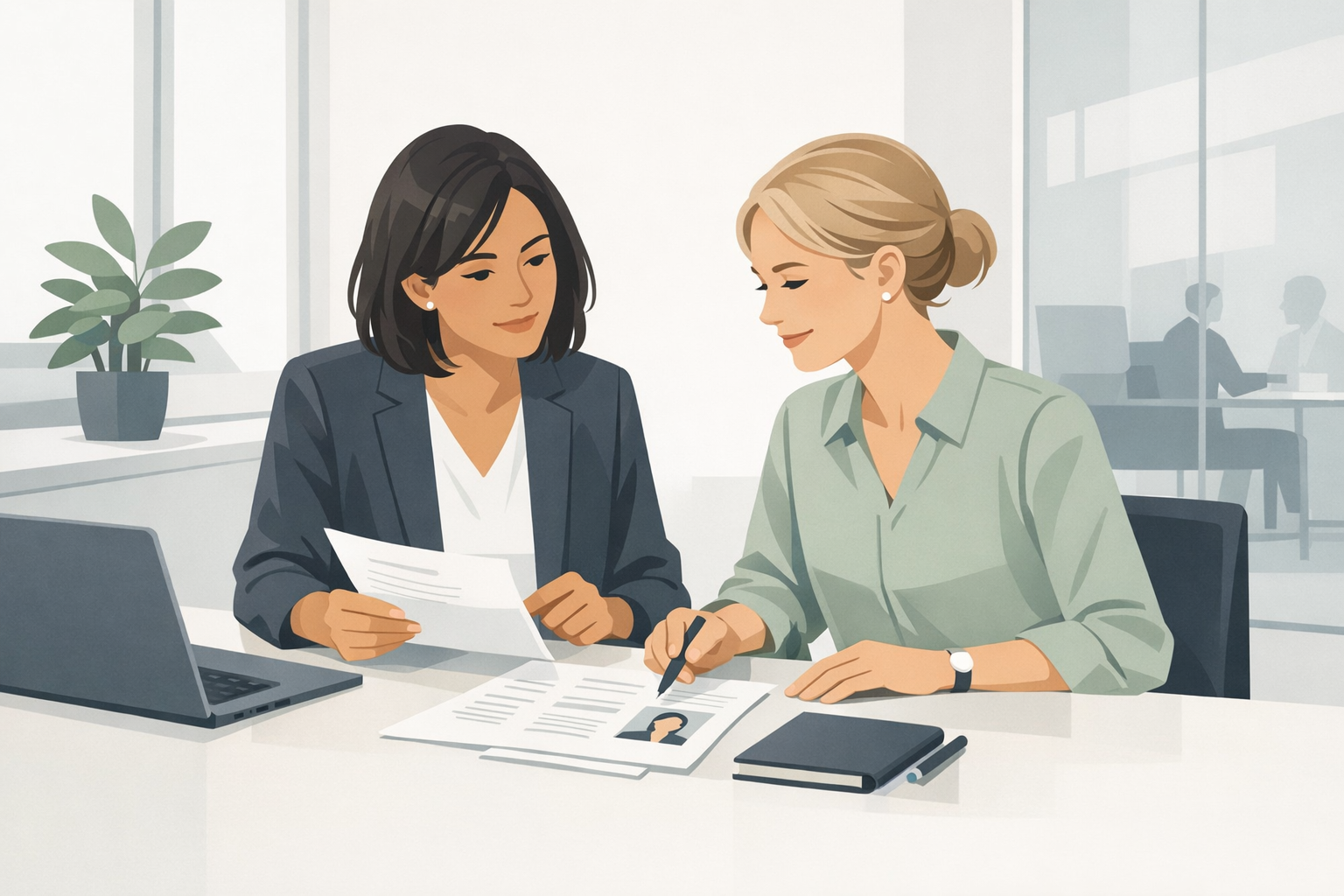 Zwei Kolleginnen besprechen gemeinsam Karriereunterlagen an einem hellen Besprechungstisch