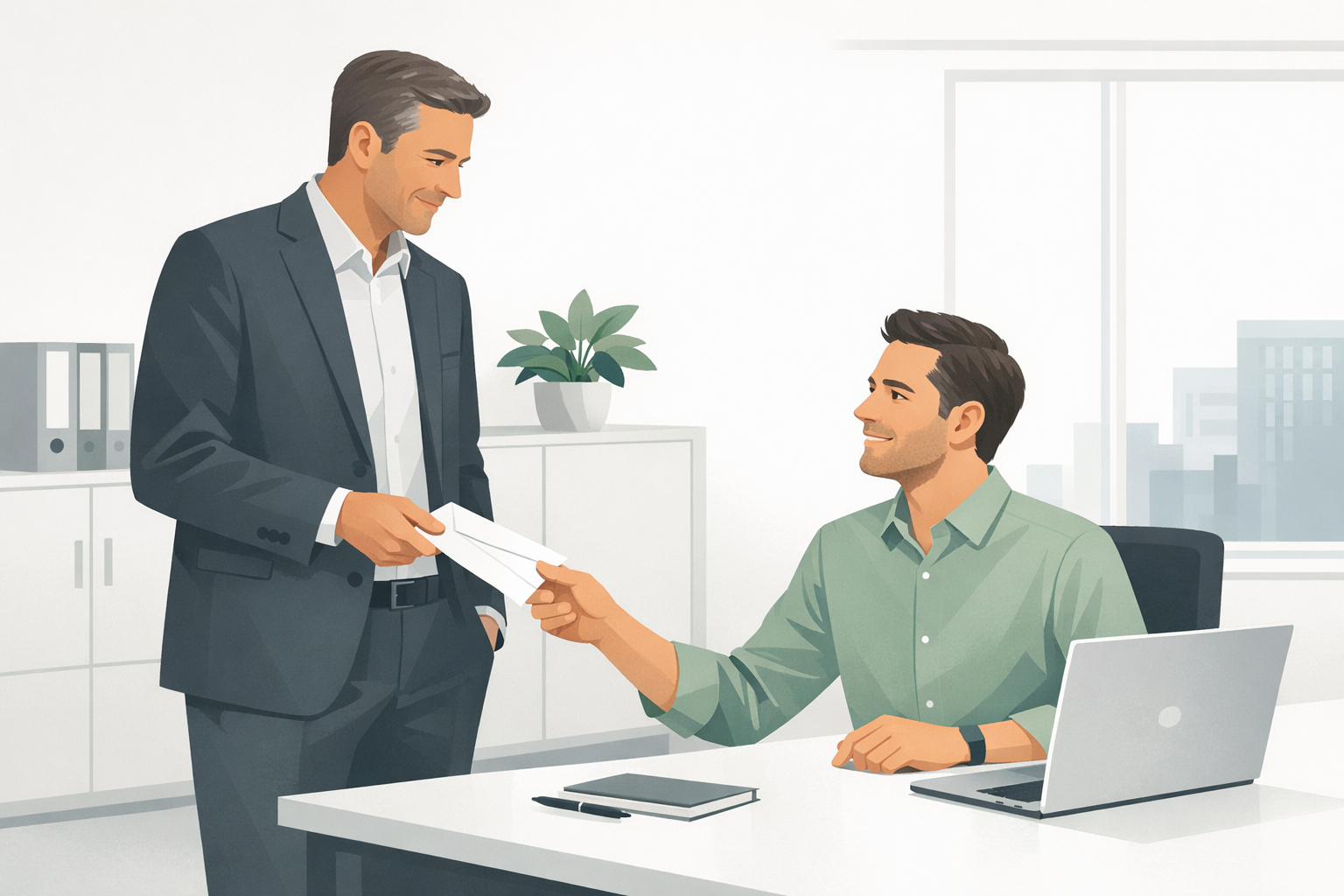 Vorgesetzter gibt einem Mitarbeiter ein Empfehlungsschreiben in einem freundlichen Buero