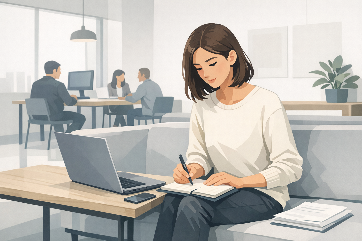 Studentin sitzt mit Laptop und Notizblock in einem hellen Coworking-Space und arbeitet an Bewerbungsunterlagen