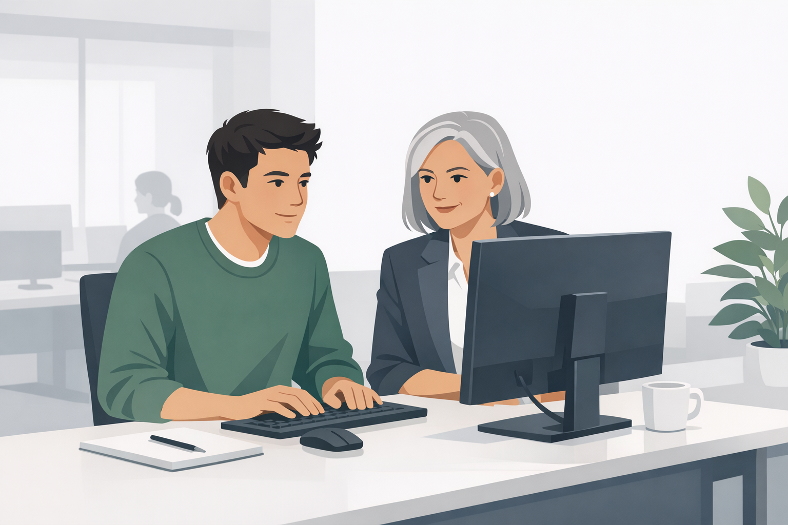 Junger Werkstudent arbeitet neben einer erfahrenen Kollegin an einem Bildschirm in einem modernen Buero