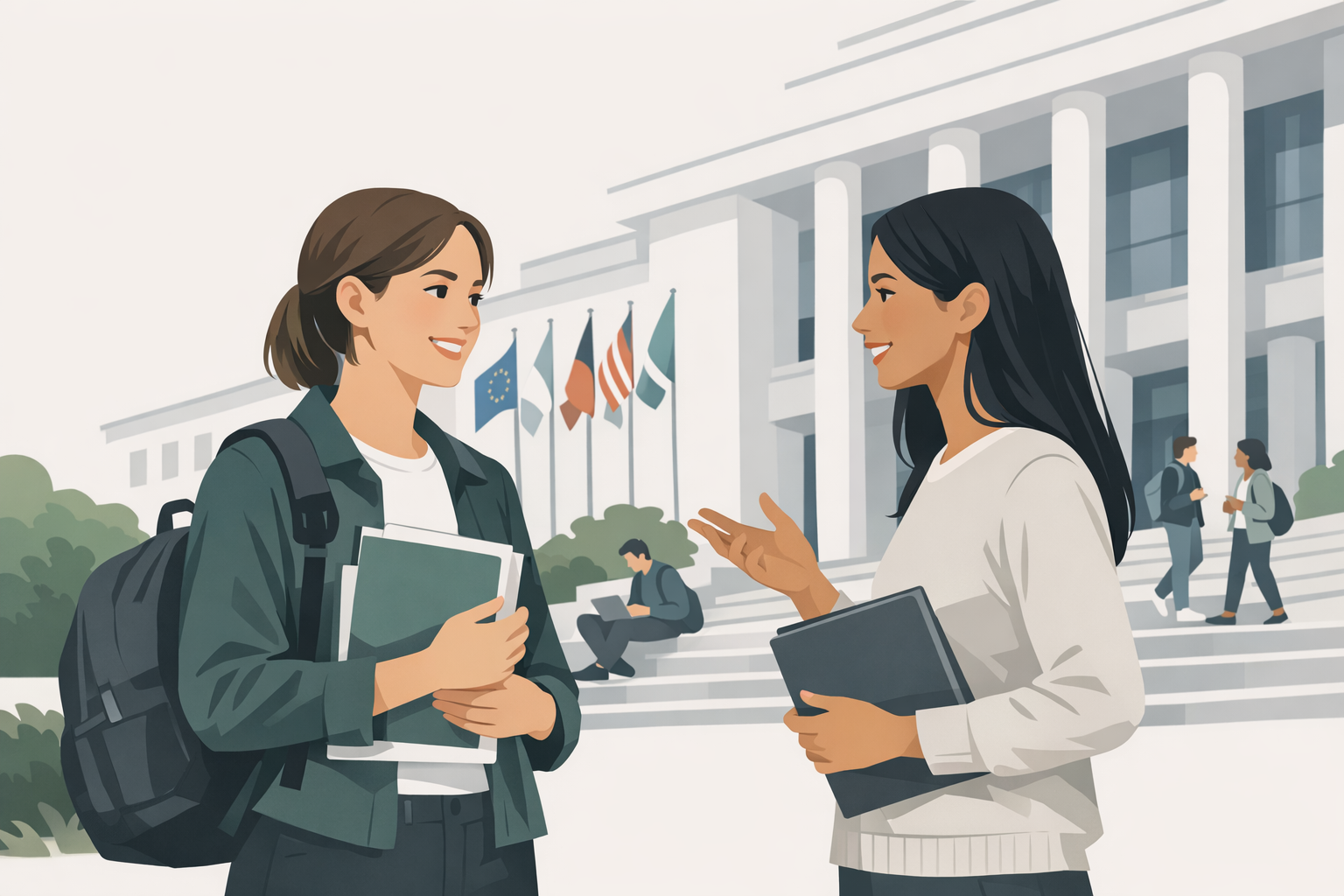 Junge Frau mit Rucksack und Unterlagen vor einem internationalen Universitaetsgebaeude im Gespraech mit einer Kommilitonin