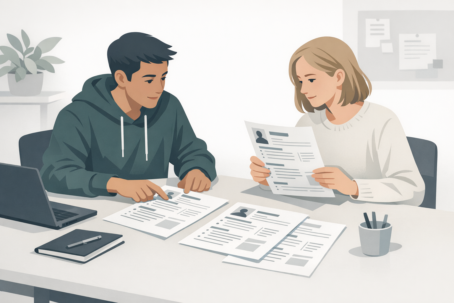 Zwei Studierende vergleichen an einem Tisch verschiedene Lebenslauf-Entwuerfe und diskutieren das Layout