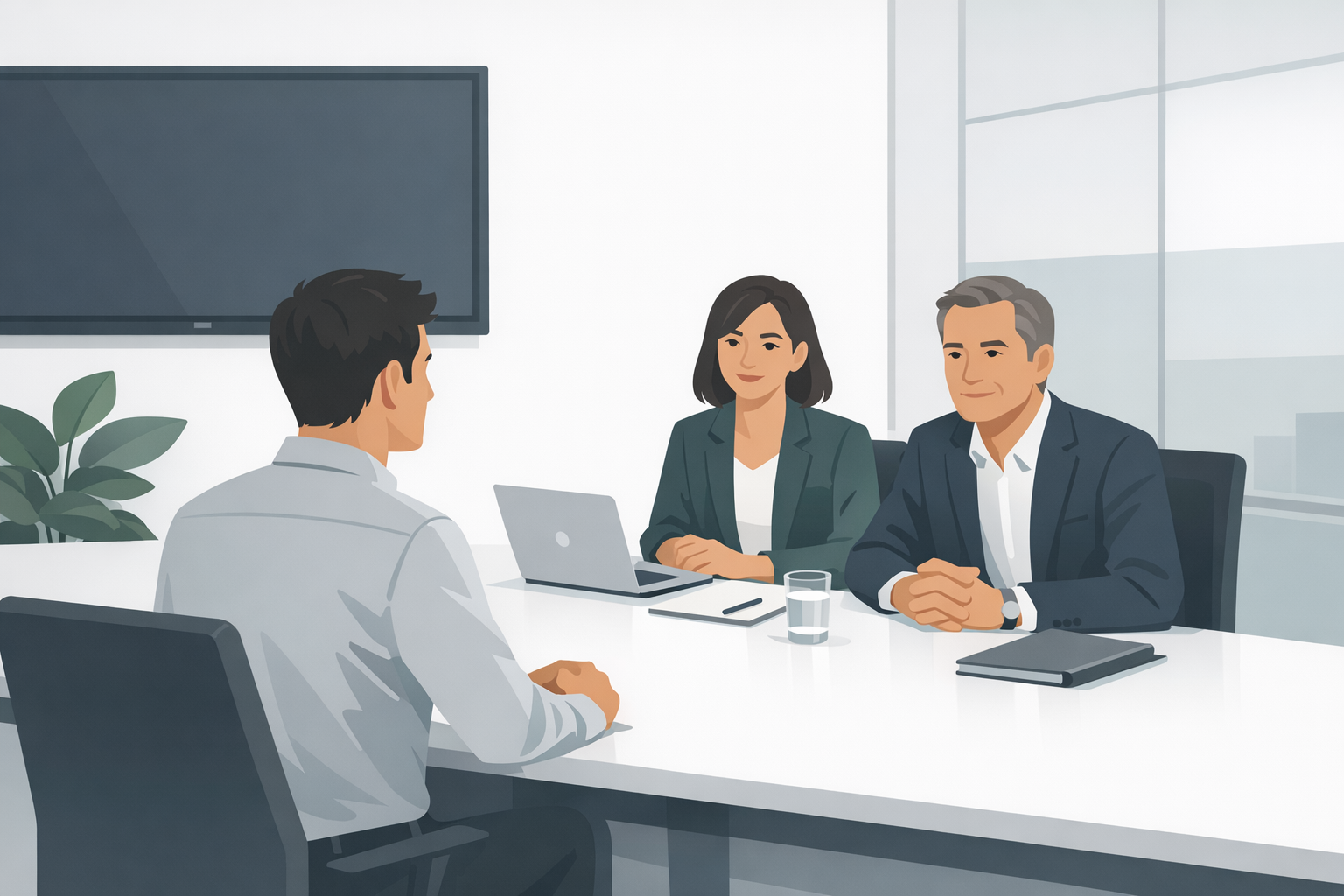 Junger Mann im Hemd fuehrt ein Vorstellungsgespraech mit zwei Personalern in einem modernen Konferenzraum