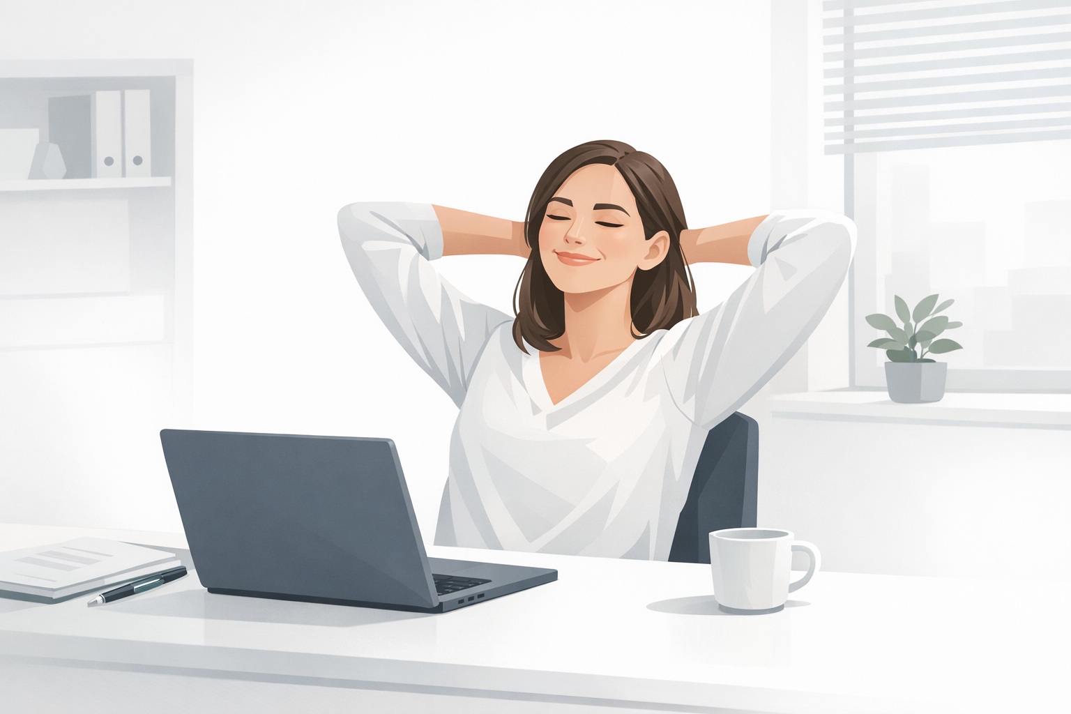 Junge Frau laechelt zufrieden vor ihrem Laptop-Bildschirm nachdem sie ihre Bewerbung fertiggestellt hat