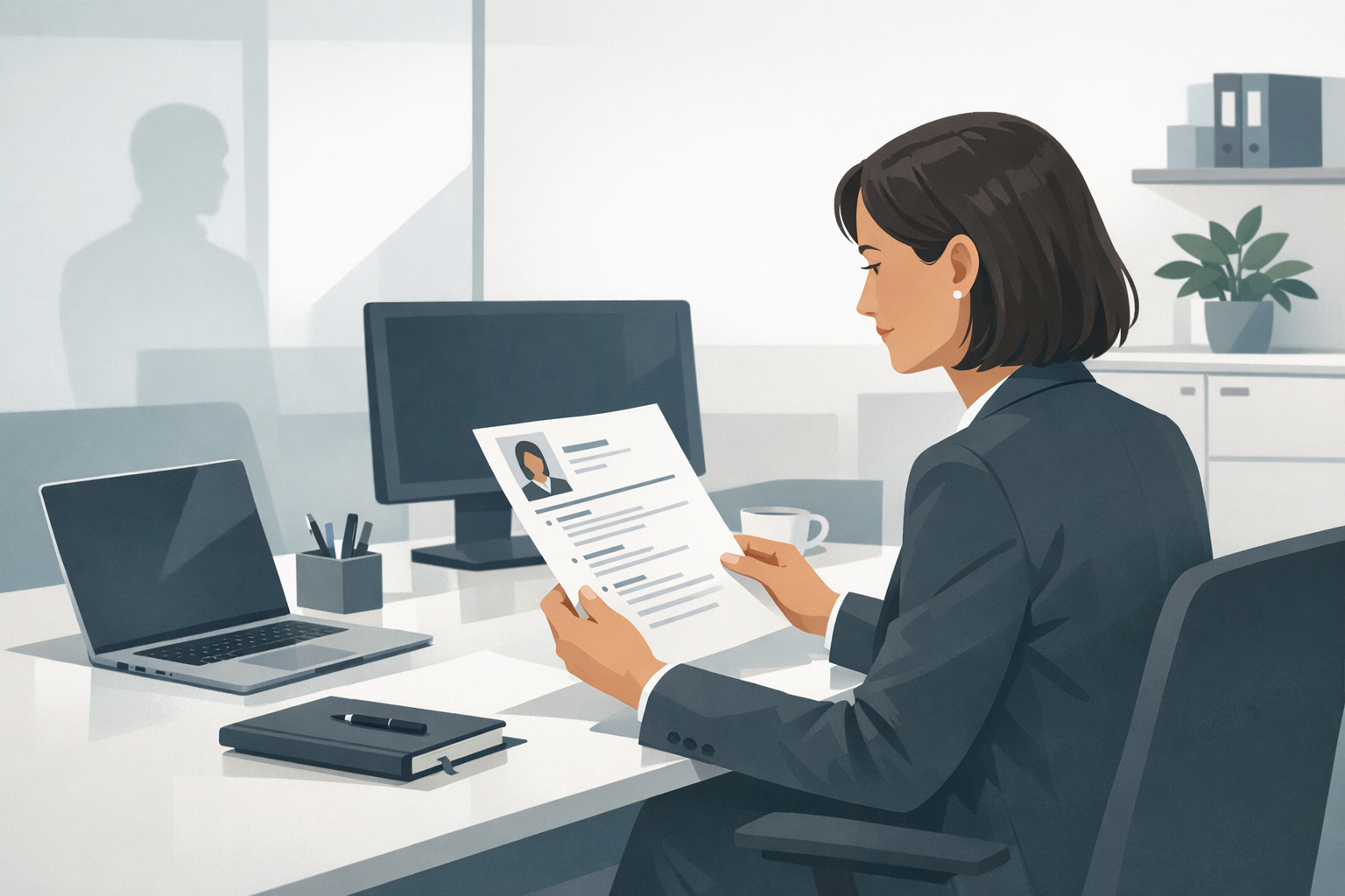 Personaler liest einen Lebenslauf an ihrem Schreibtisch in einem modernen Buero