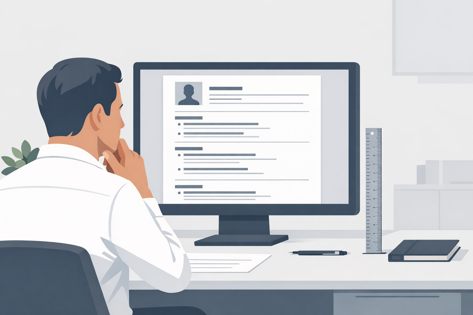 Bewerber prueft die Formatierung seines Lebenslaufs am Bildschirm mit Lineal daneben