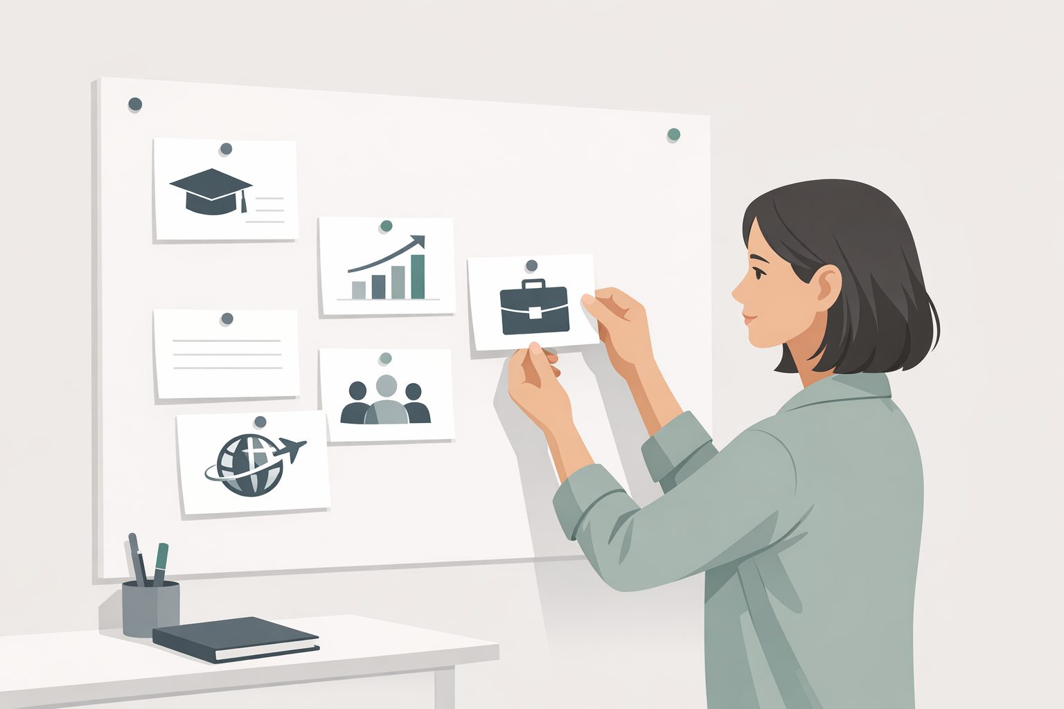 Junge Frau ordnet Karteikarten mit Stationen ihrer Karriere an einer Pinnwand