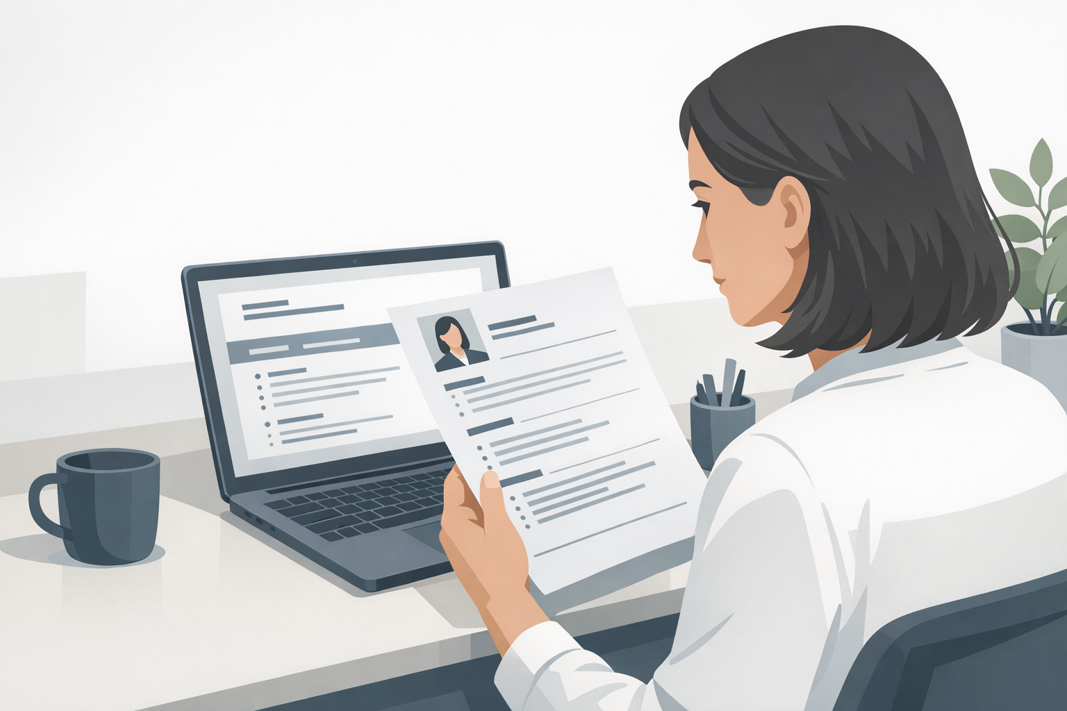 Bewerberin vergleicht ihren ausgedruckten Lebenslauf mit der Stellenanzeige am Laptop