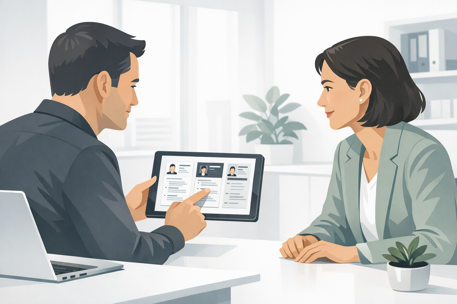 Zwei Kollegen besprechen verschiedene Lebenslauf-Designs auf einem Tablet in einem hellen Buero