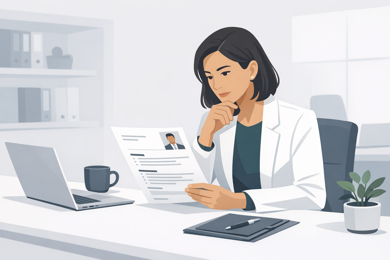 Personaler betrachtet aufmerksam einen ausgedruckten Lebenslauf an ihrem Schreibtisch