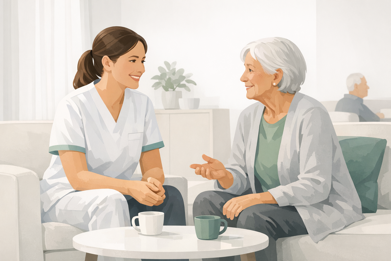 Freundliche Pflegekraft im Gespraech mit einer aelteren Person in einem hellen Aufenthaltsraum
