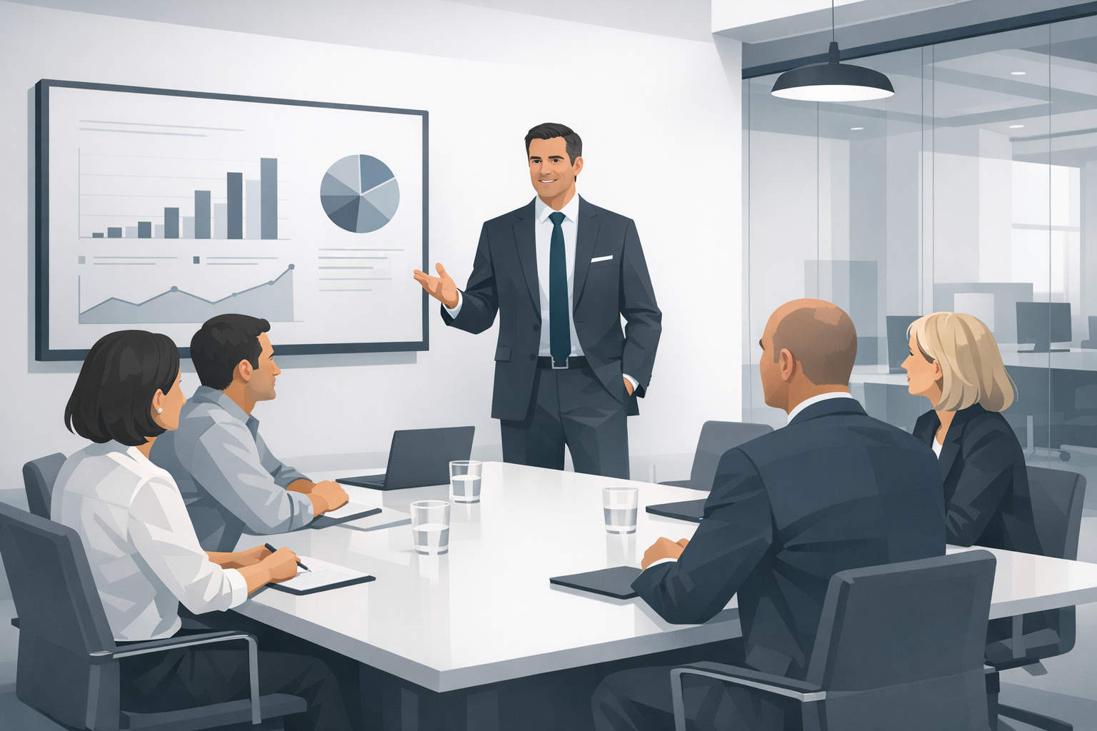 Manager im Anzug leitet eine Besprechung in einem modernen Konferenzraum