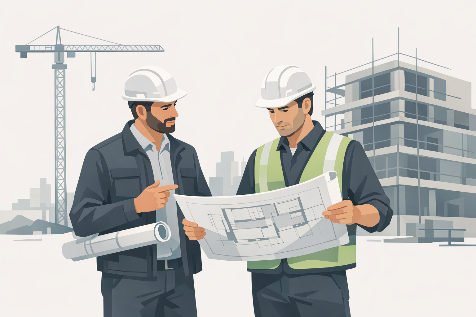 Ingenieur mit Schutzhelm bespricht Bauplaene mit einem Kollegen auf einer Baustelle