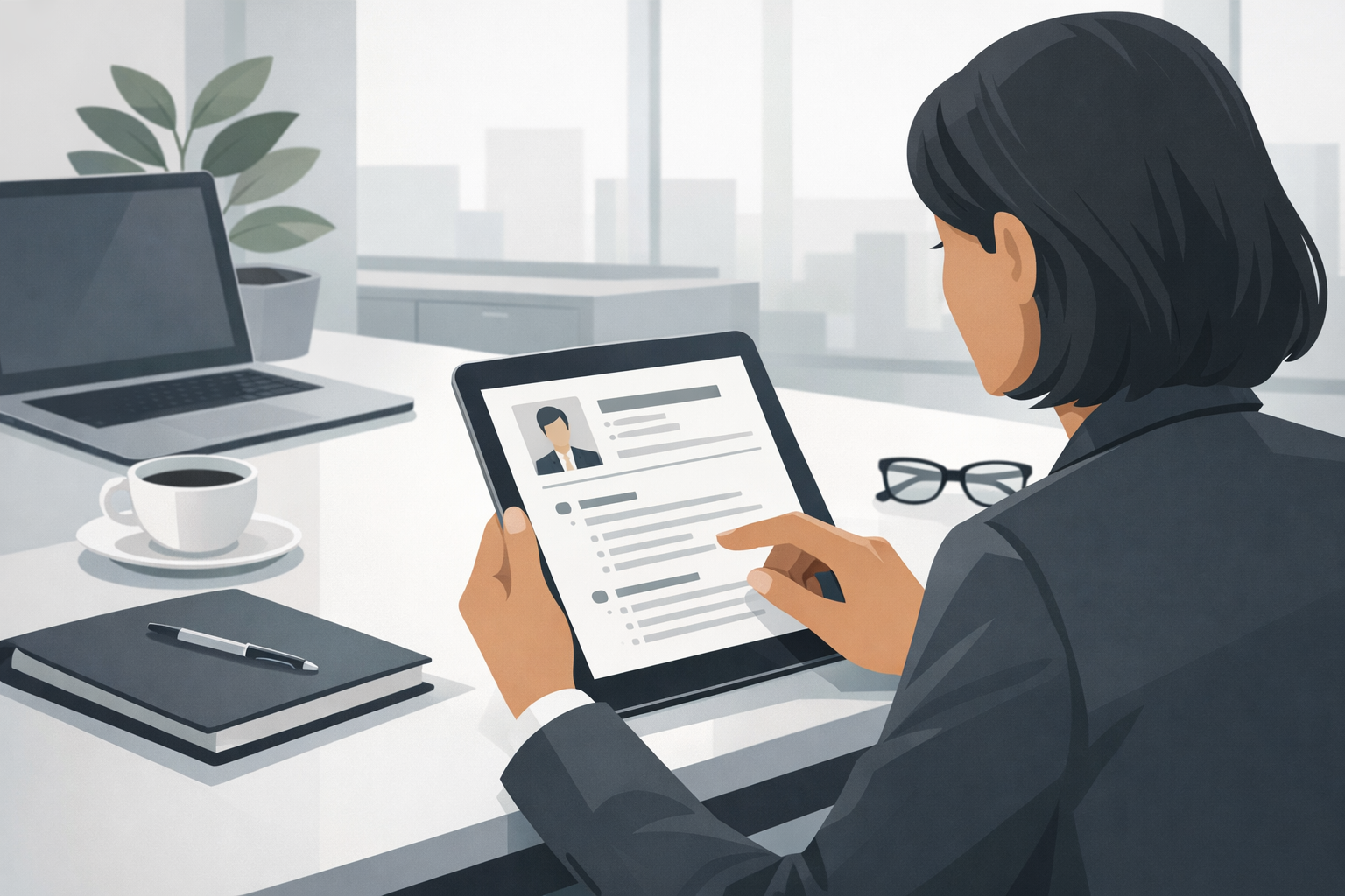 Recruiter prueft eine Bewerbung auf einem Tablet in einem modernen Buero